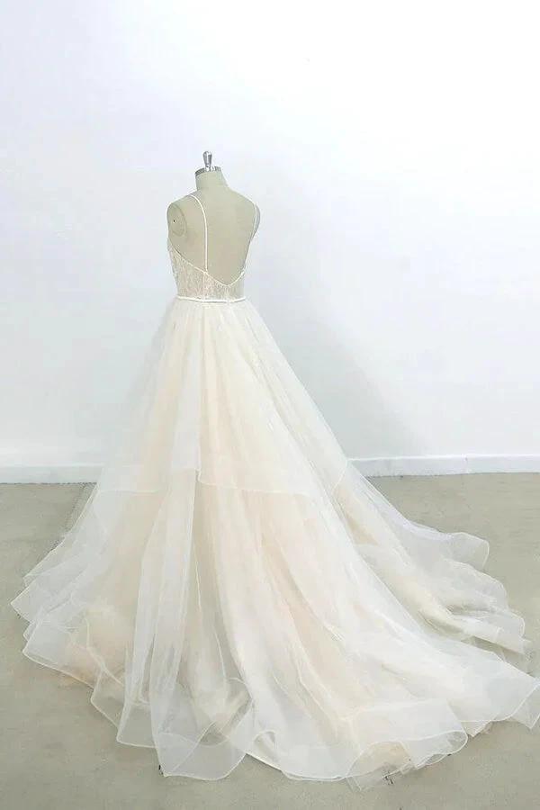 Long A-line V-neck Appliques Lace Tulle Wedding Dress (ZD14421)