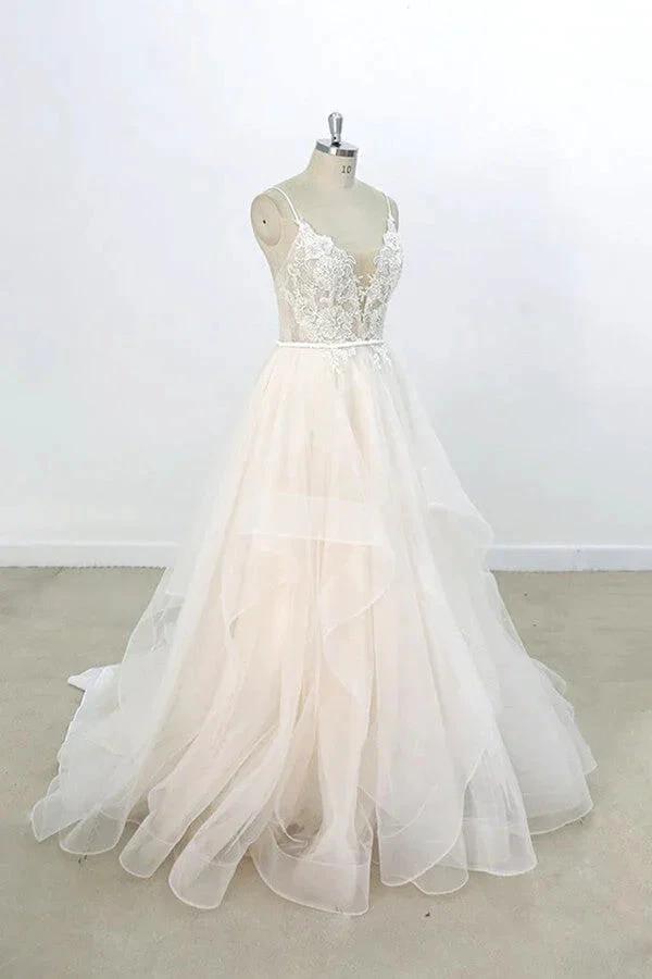 Long A-line V-neck Appliques Lace Tulle Wedding Dress (ZD14421)