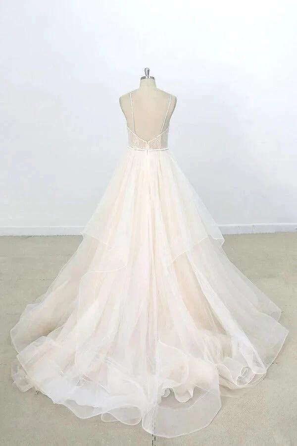 Long A-line V-neck Appliques Lace Tulle Wedding Dress (ZD14421)