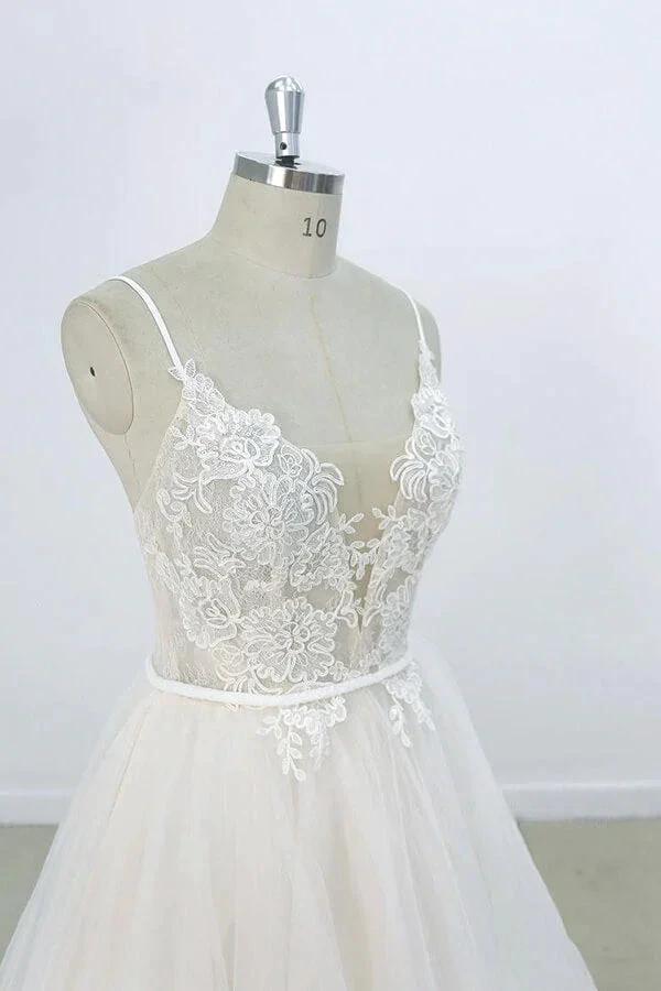 Long A-line V-neck Appliques Lace Tulle Wedding Dress (ZD14421)