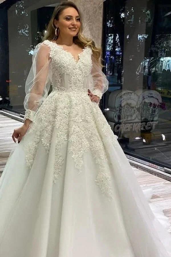 Long A-Line V-neck Appliques Lace Tulle Wedding Dress With Puffy Long Sleeves (ZD15061)