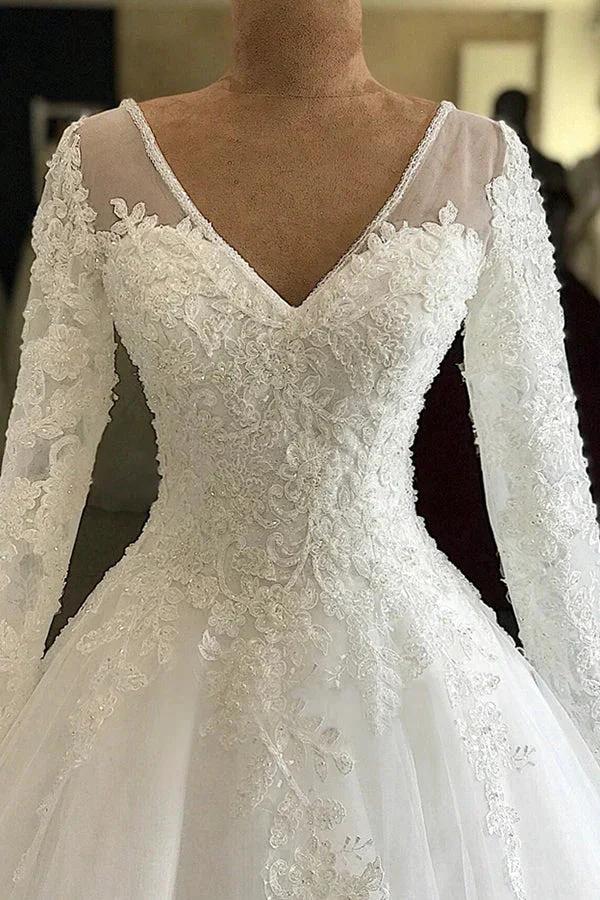 Long A-line V-neck Appliques Lace Tulle Wedding Dress with Sleeves (ZD15796)