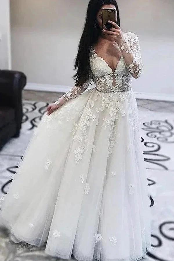 Long A-Line V-neck Appliques Lace Tulle Wedding Dress with Sleeves (ZD15109)