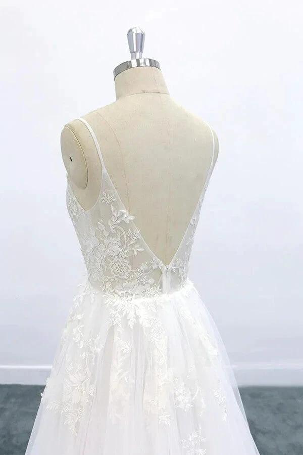 Long A-line V-neck Backless Appliques Lace Tulle Wedding Dress (ZD14425)