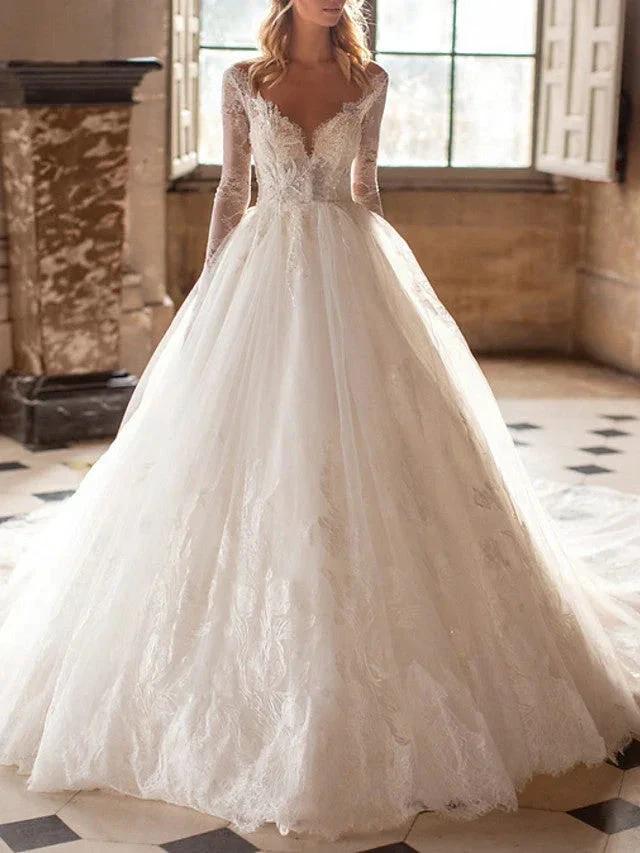 Long A-Line V Neck Court Train Lace Tulle Backless Wedding Dresses with Sleeves (ZD15943)