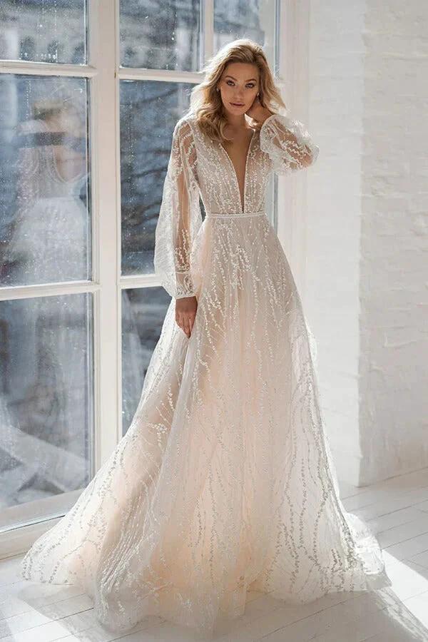 Long A-line V-neck Court Train Tulle Wedding Dress with Sleeves (ZD14398)