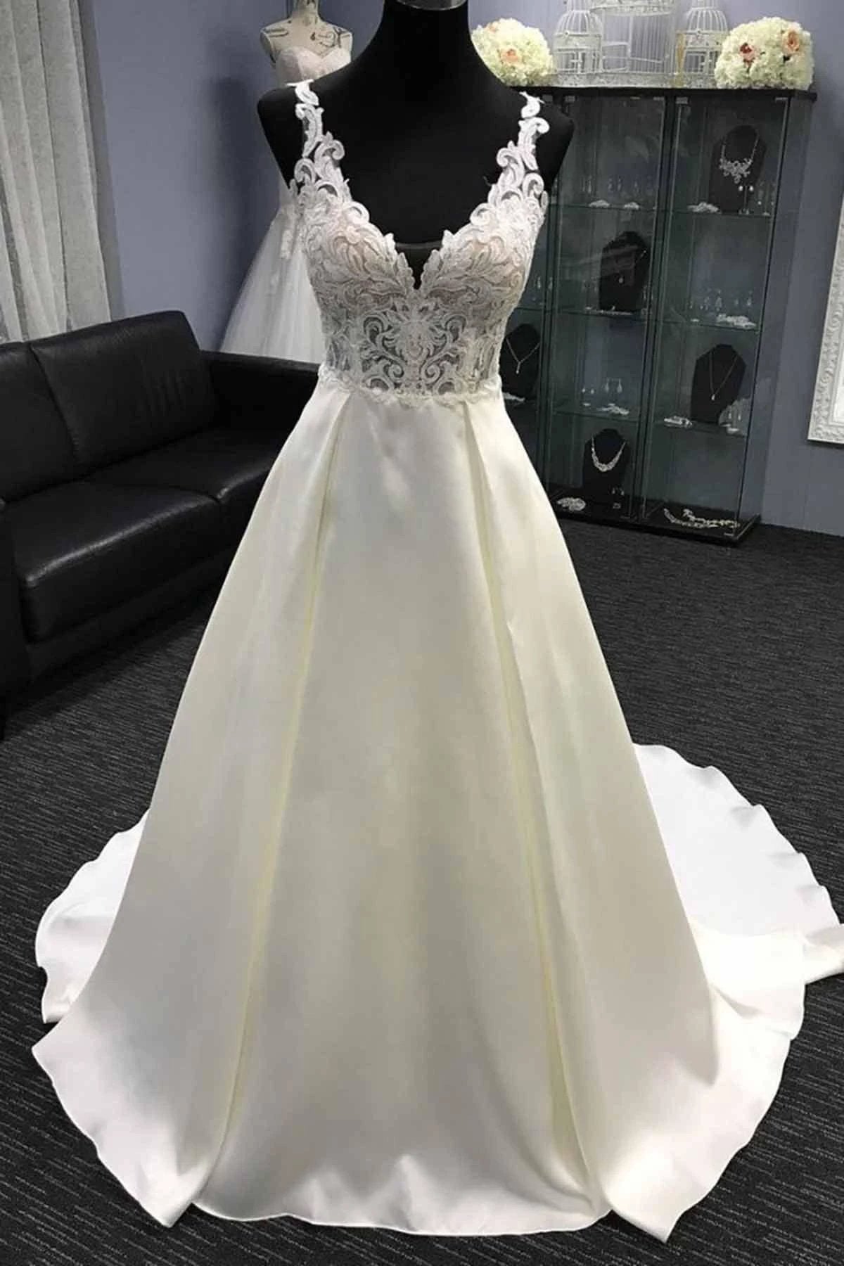Long A-Line V Neck Halter Satin Wedding Dress (ZD15826)
