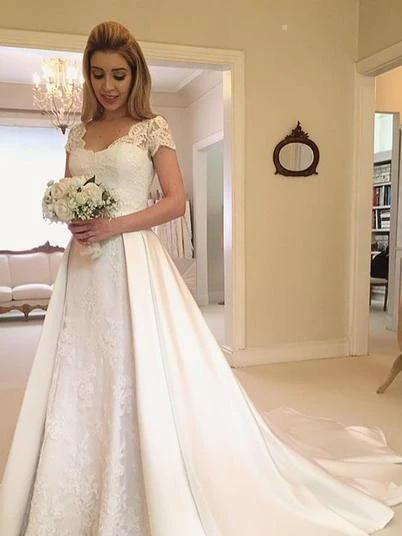 Long A-Line V-Neck Lace Satin Wedding Dresses with Sleeves (ZD15838)
