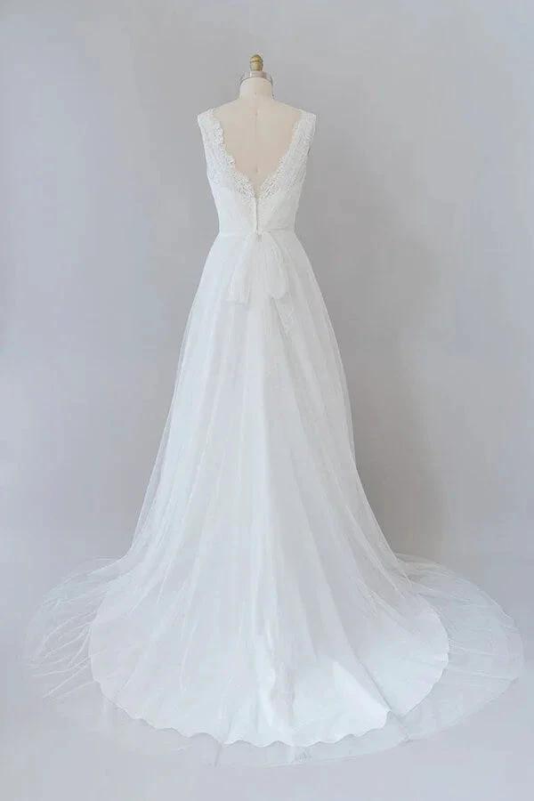 Long A-line V-neck Lace Tulle Backless Wedding Dress (ZD14389)
