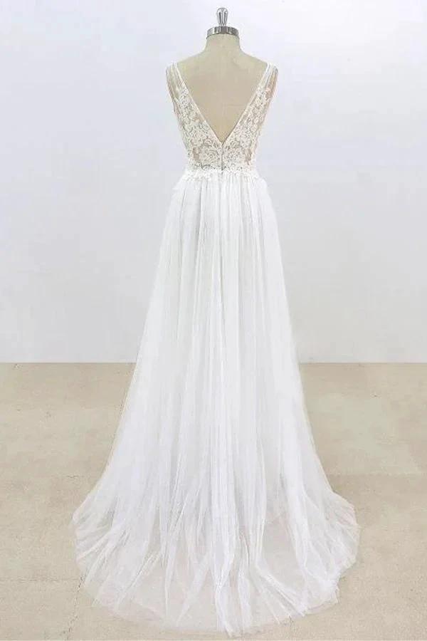 Long A-line V-neck Lace Tulle Open Back Wedding Dress (ZD15809)