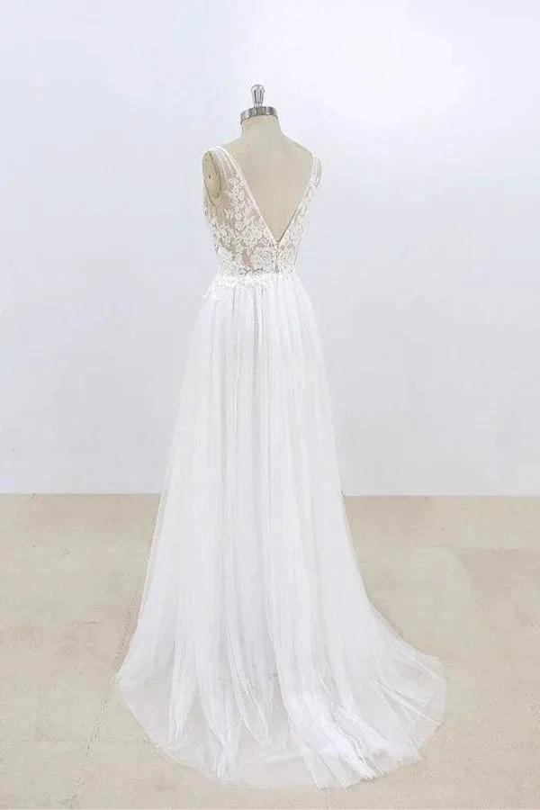 Long A-line V-neck Lace Tulle Open Back Wedding Dress (ZD15809)