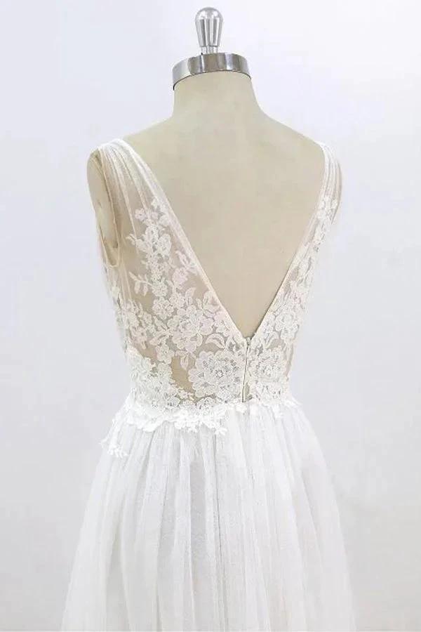 Long A-line V-neck Lace Tulle Open Back Wedding Dress (ZD15809)