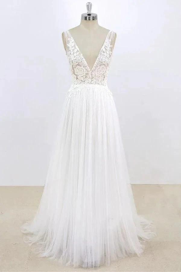Long A-line V-neck Lace Tulle Open Back Wedding Dress (ZD15809)