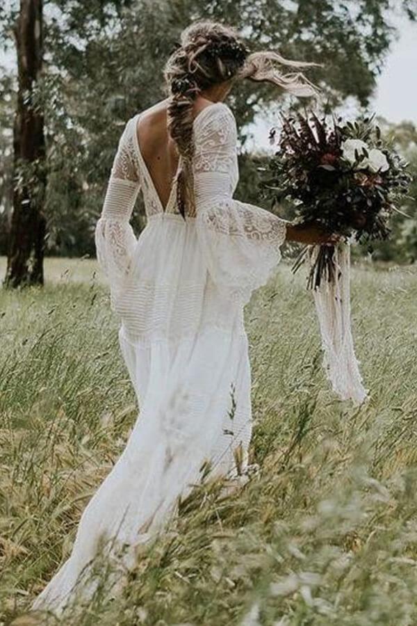 Long A-line V-neck Lace Tulle Wedding Dress with Sleeves (ZD14460)