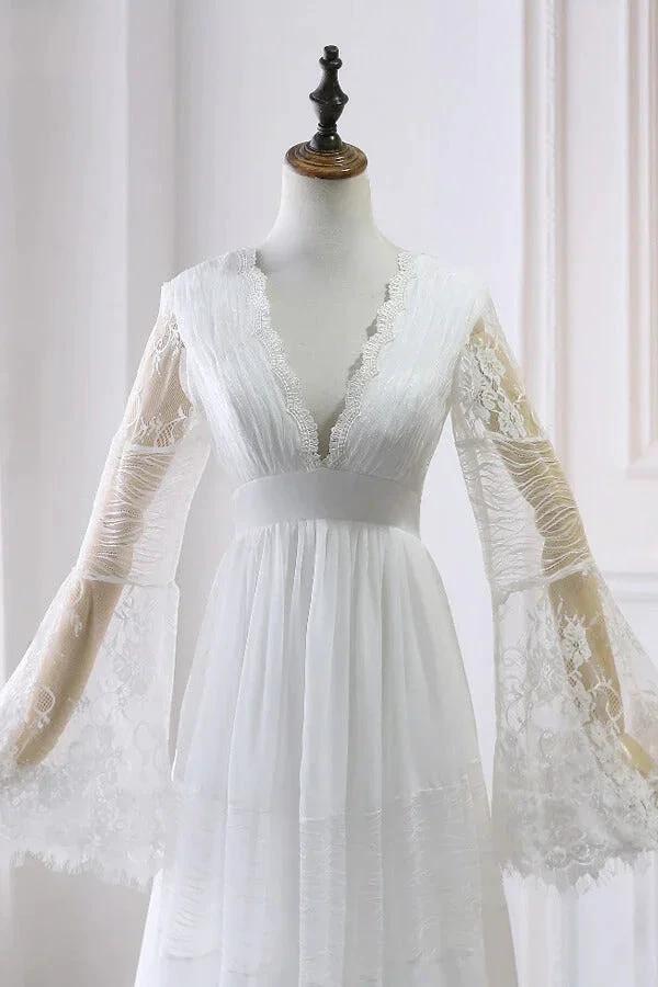 Long A-line V-neck Lace Tulle Wedding Dress with Sleeves (ZD14460)