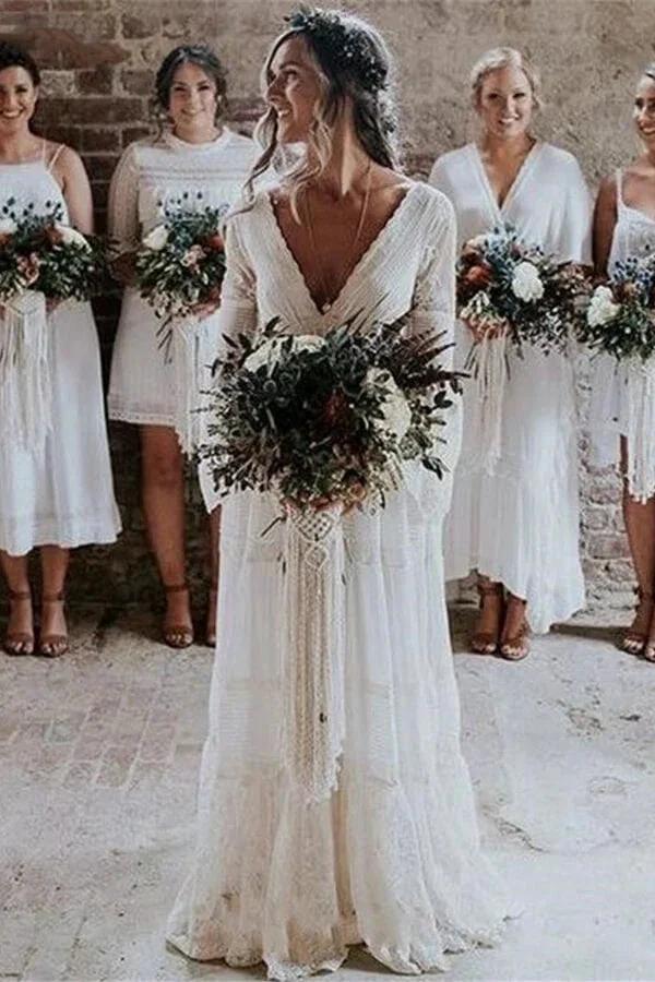 Long A-line V-neck Lace Tulle Wedding Dress with Sleeves (ZD14460)
