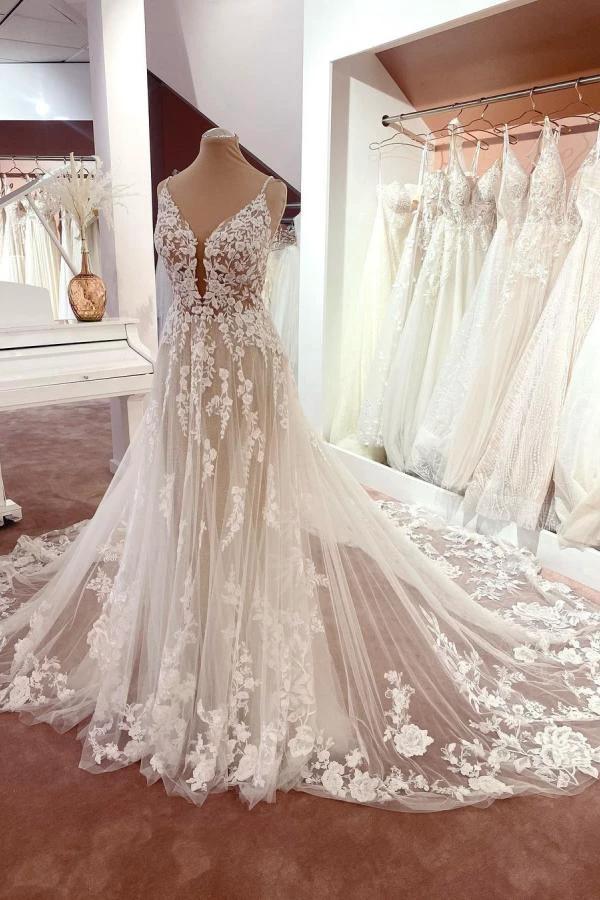 Long A-line V-neck Sleeveless Floral Lace Tulle Boho Wedding Dresses (ZD14418)
