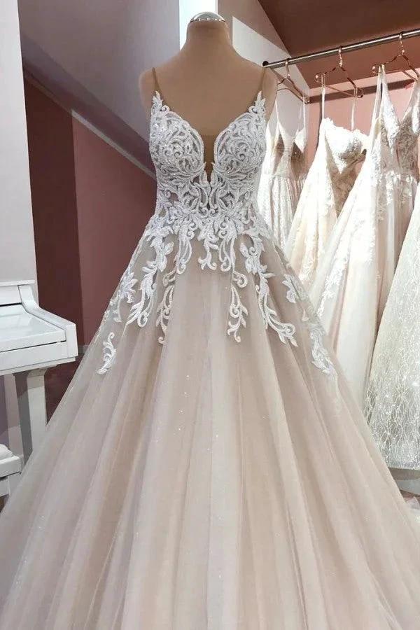 Long A-Line V-neck Spaghetti Straps Backless Appliques Lace Tulle Wedding Dress (ZD15096) - VelvetHem