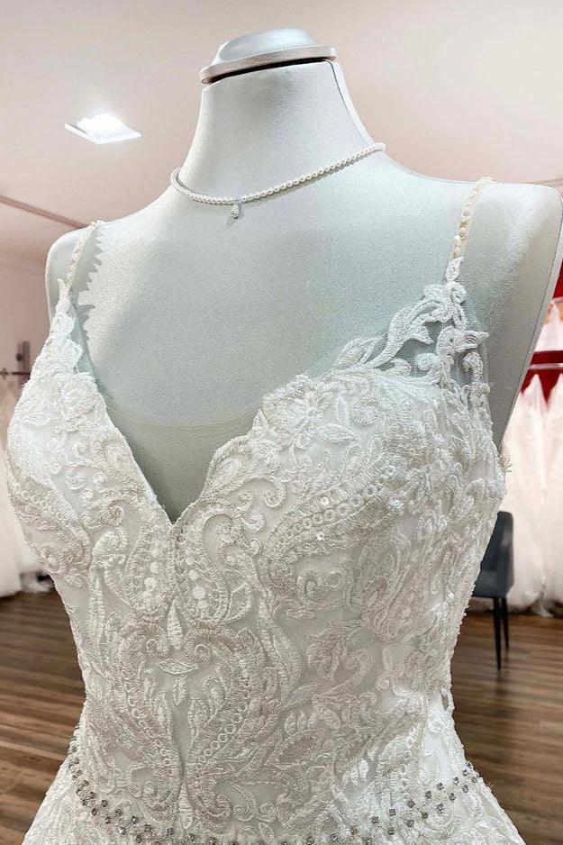Long A-line V-neck Spaghetti Straps Backless Wedding Dress with Lace (ZD15258)
