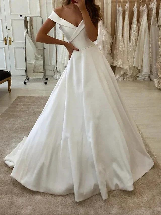 Long A-Line V Neck Sweep Brush Train Satin Wedding Dresses (ZD15948) - VelvetHem
