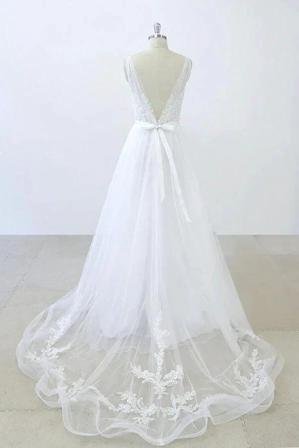 Long A-line V-neck Sweetheart Ruffle Applqiues Tulle Backless Wedding Dress (ZD15787)