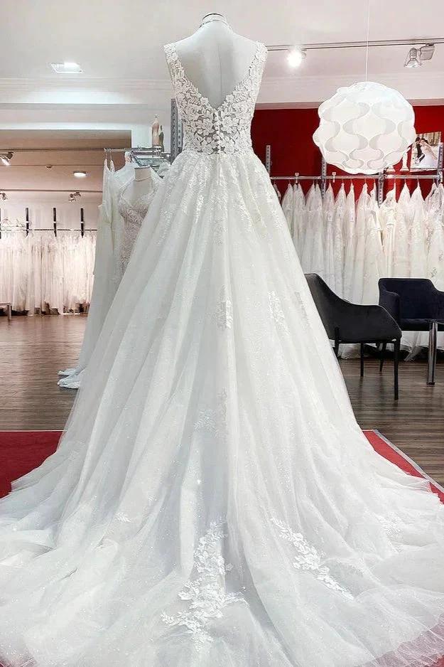 Long A-line V-neck Tulle Lace White Ruffles Wedding Dresses (ZD15259)