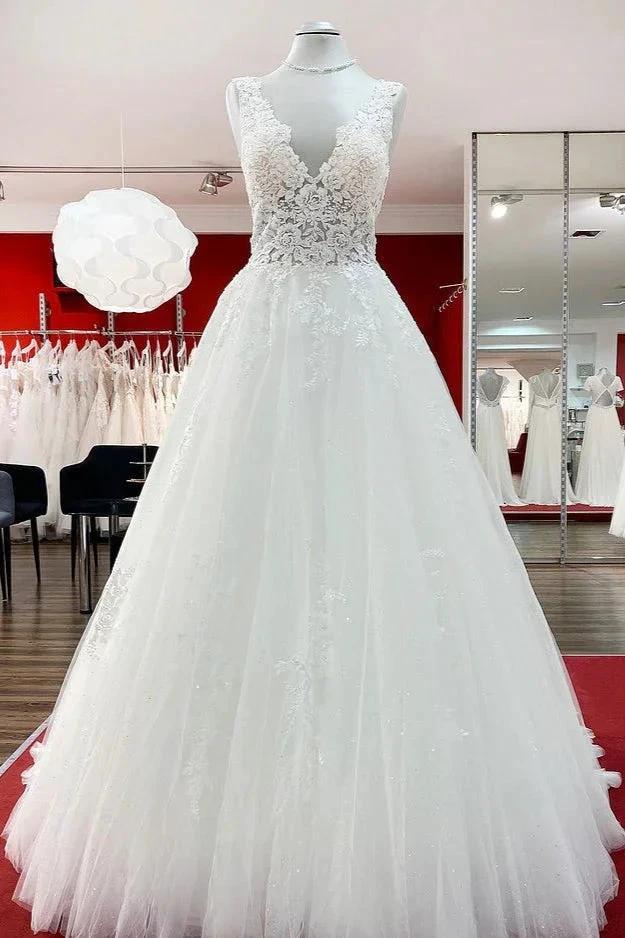 Long A-line V-neck Tulle Lace White Ruffles Wedding Dresses (ZD15259)