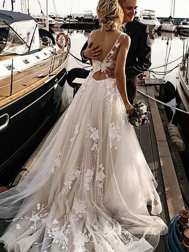 Long A-Line V Neck Tulle Spaghetti Strap Backless Wedding Dresses (ZD15968)