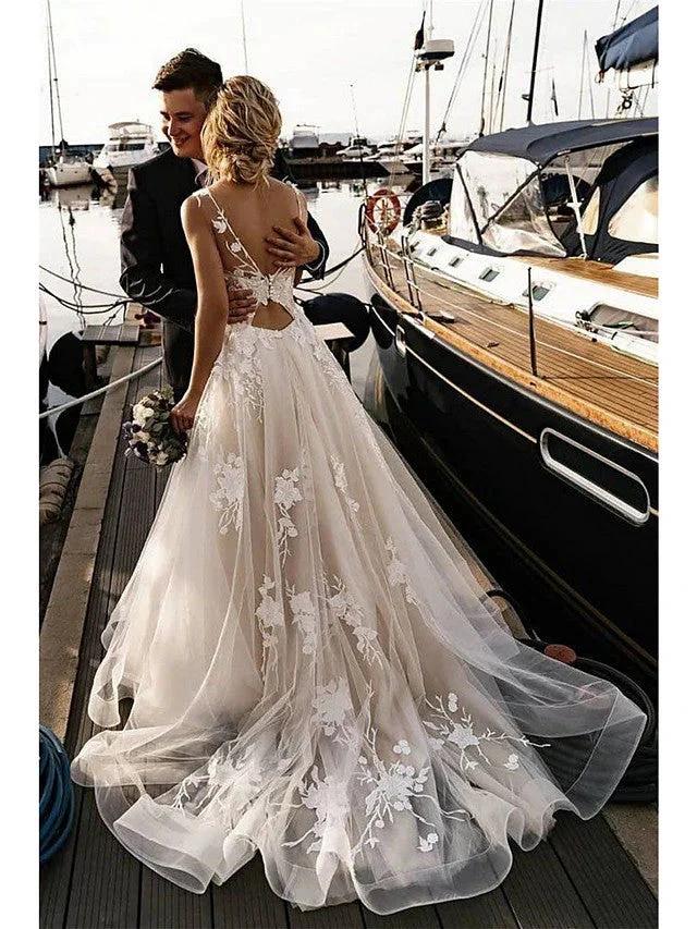 Long A-Line V Neck Tulle Spaghetti Strap Backless Wedding Dresses (ZD15968) - VelvetHem