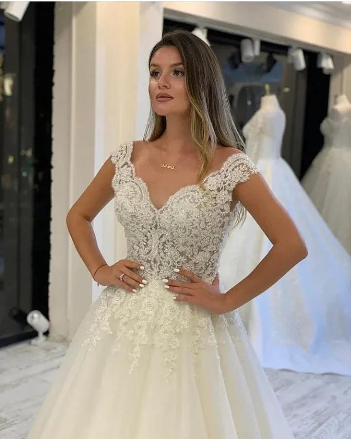 Long A-Line V-neck Wide Straps Appliques Lace Pearl Tulle Wedding Dress (ZD15102)