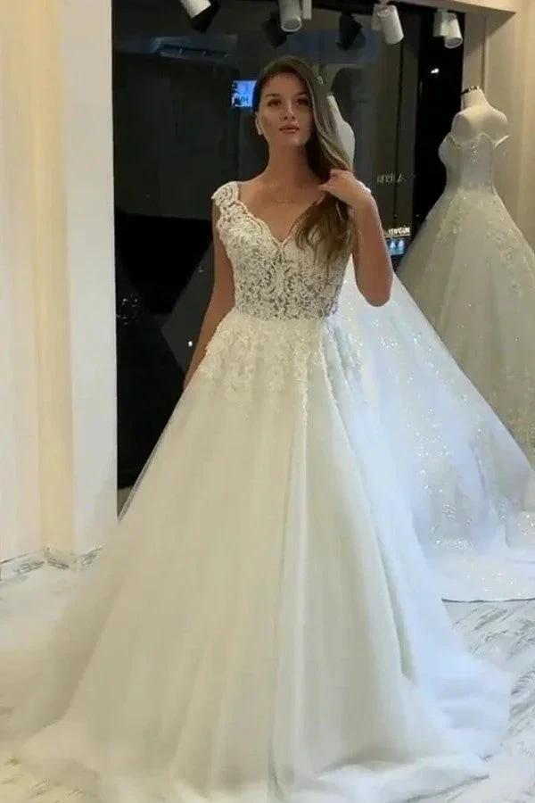 Long A-Line V-neck Wide Straps Appliques Lace Pearl Tulle Wedding Dress (ZD15102)