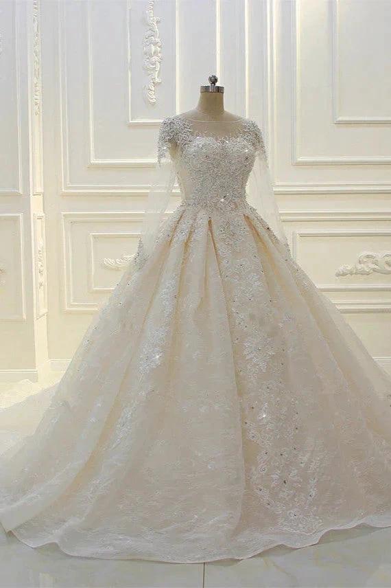 Long Ball Gown Beading Bateau Appliques Lace Wedding Dress with Sleeves (ZD15184)