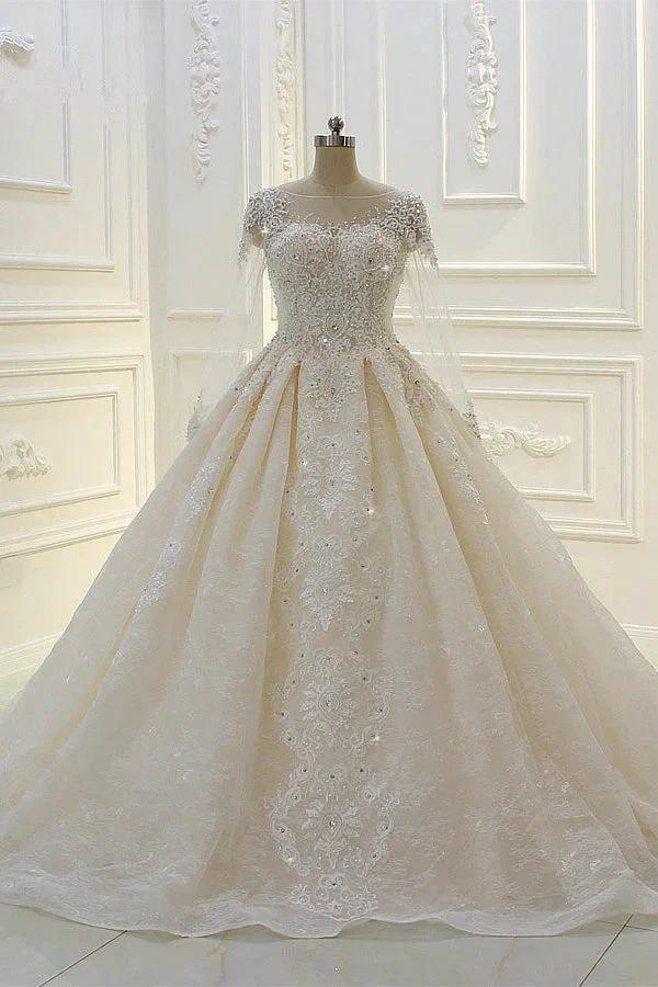 Long Ball Gown Beading Bateau Appliques Lace Wedding Dress with Sleeves (ZD15184) - VelvetHem