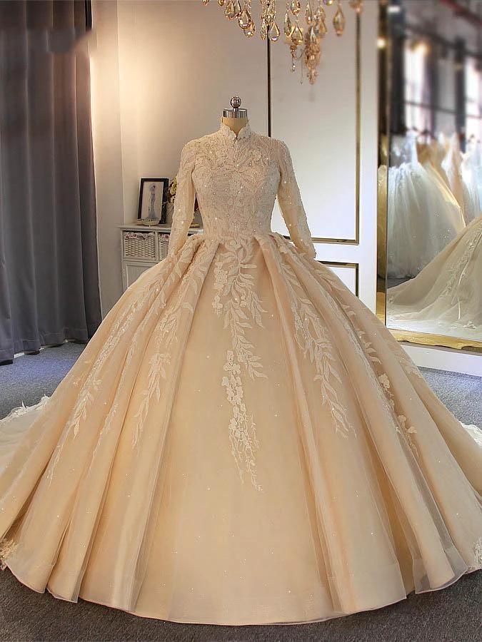 Long Ball Gown High Neck Tulle Lace Wedding Dresses with Sleeves (ZD15873)