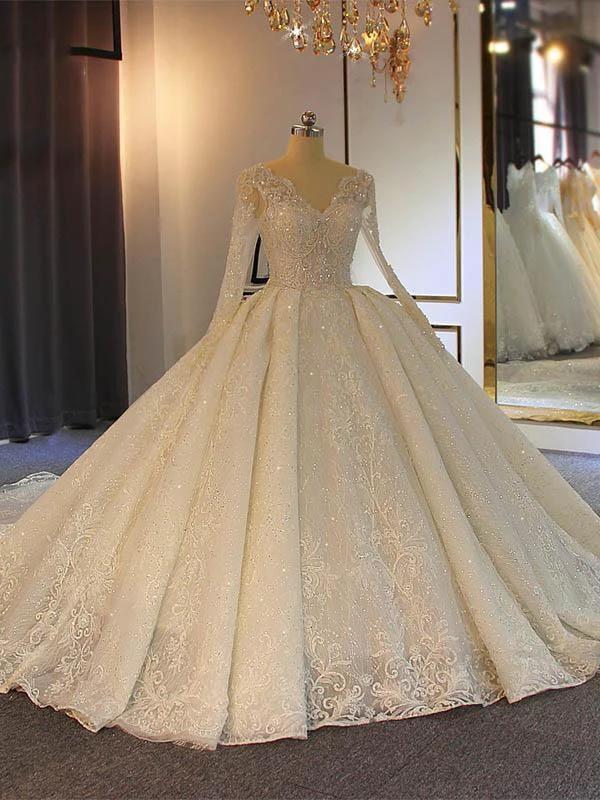 Long Ball Gown Lace-Up Sparkling V-Neck Wedding Dresses with Sleeves (ZD14394)