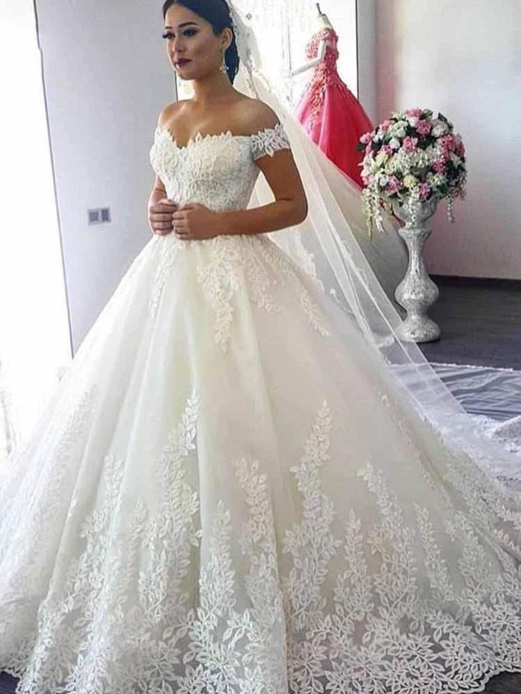 Long Ball Gown Off-the-Shoulder Tulle Lace Beads Wedding Dresses (ZD15898)