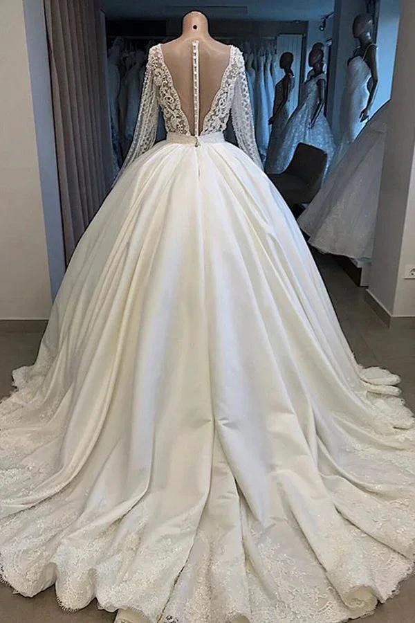 Long Ball Gown Satin V-neck Wedding Dress with Sleeves (ZD15792)
