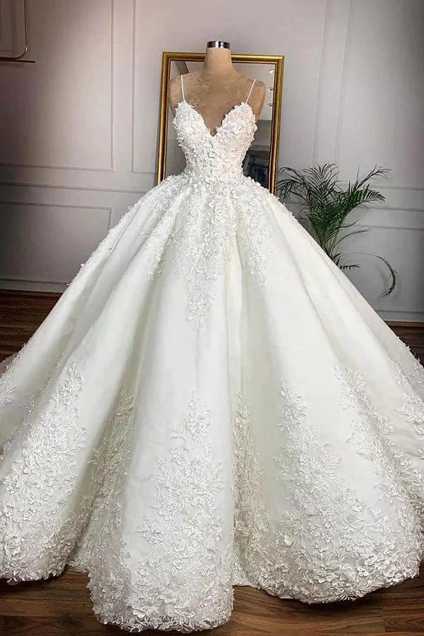 Long Ball Gown Spaghetti Strap Appliques Lace Satin Wedding Dress (ZD14391)