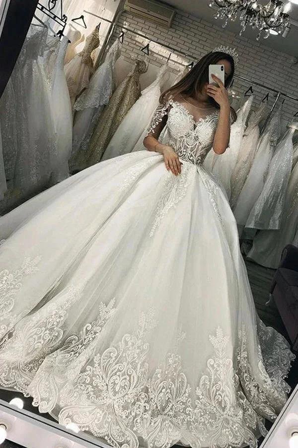 Long Ball Gown Sweetheart Appliques Lace Tulle Wedding Dress with Sleeves (ZD15995) - VelvetHem
