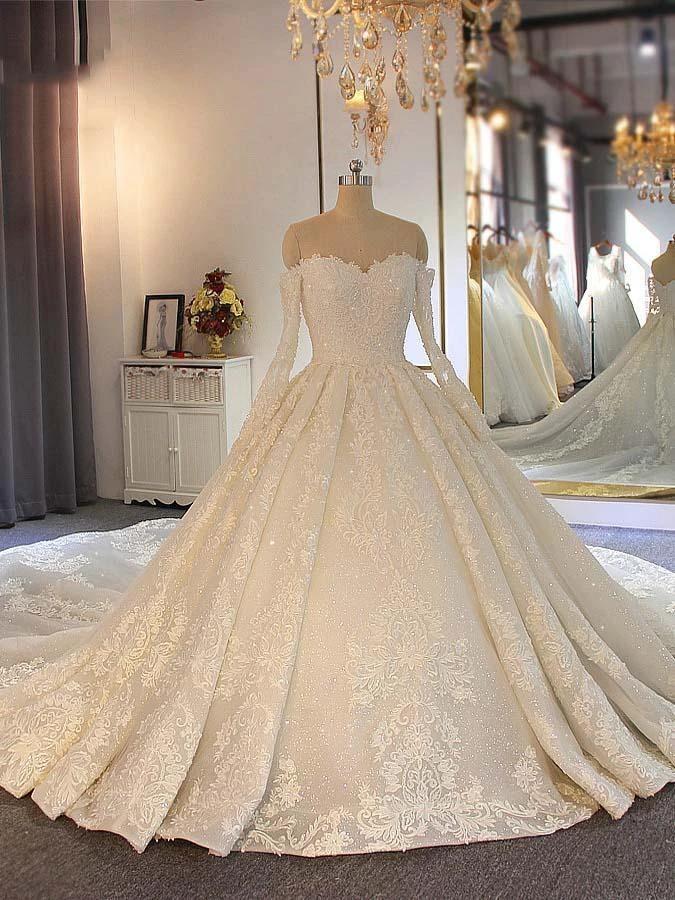 Long Ball Gown Sweetheart Lace Beading Wedding Dresses with Sleeves (ZD15876)