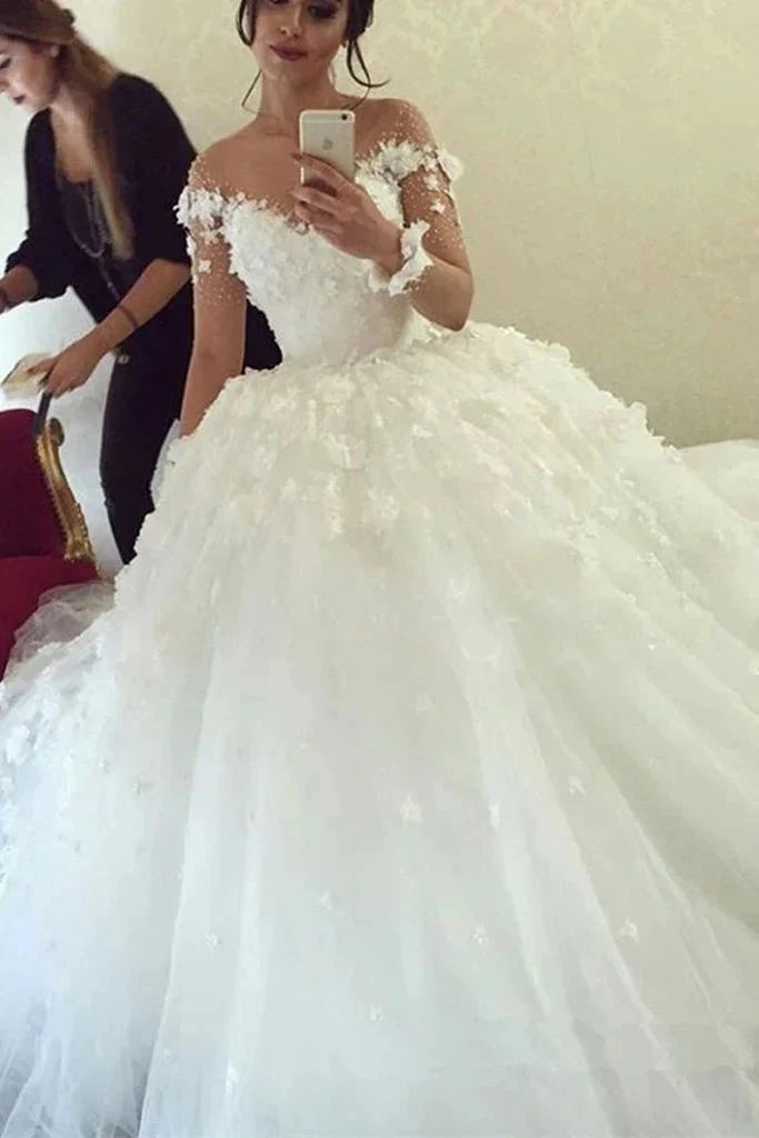 Long Ball Gown Sweetheart Tulle Wedding Dress with Sleeves (ZD15846) - VelvetHem