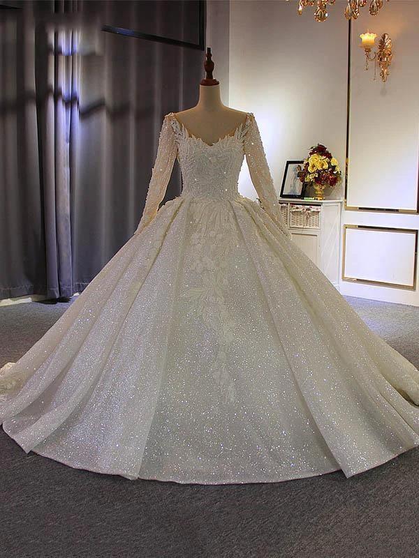 Long Ball Gown V Neck Sequins Wedding Dresses with Sleeves (ZD15901) - VelvetHem