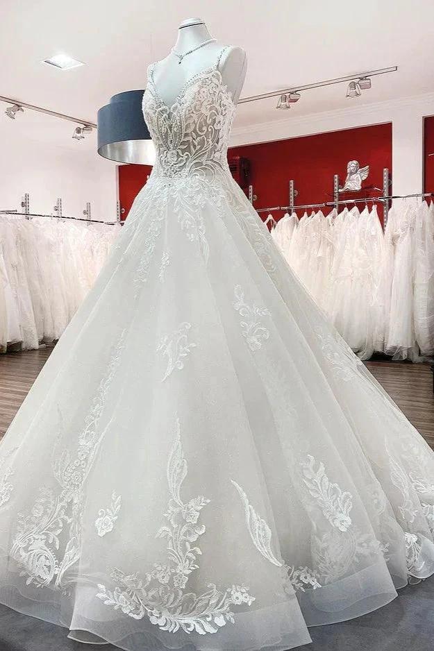 Long Ball Gown V-neck Spaghetti Straps Tulle Lace Wedding Dress (ZD15159)