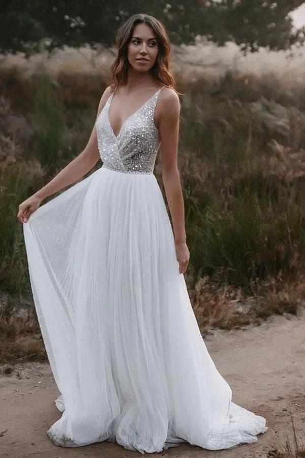 Long Boho A-line V-neck Chiffon Tulle Glitter Open Back Wedding Dress (ZD14356) - VelvetHem