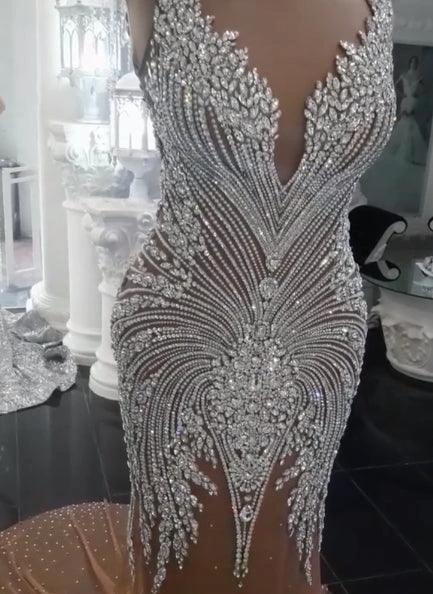 Long Champagne V-Neck Beading Backless Mermaid Wedding Dresses (ZD14433) - VelvetHem