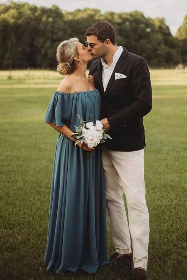 Long Chiffon Off The Shoulder Slate Gray Bridesmaid Dresses (ZD13250)