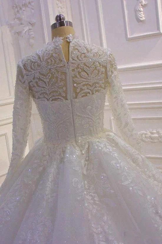 Long High neck Appliques Lace Ball Gown Wedding Dress with Sleeves (ZD15186)