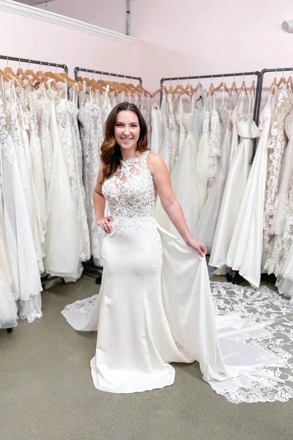 Long Mermaid Bateau Appliques Lace Wedding Dress With Detachable Train (ZD14293)
