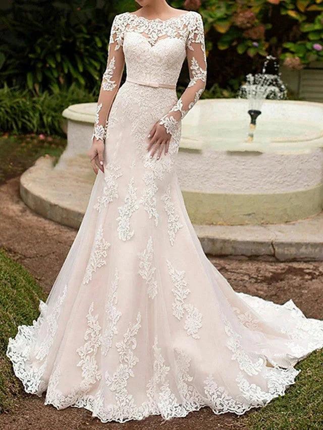 Long Mermaid Bateau Neck Sweep Brush Train Lace Wedding Dresses with Sleeves (ZD15960)