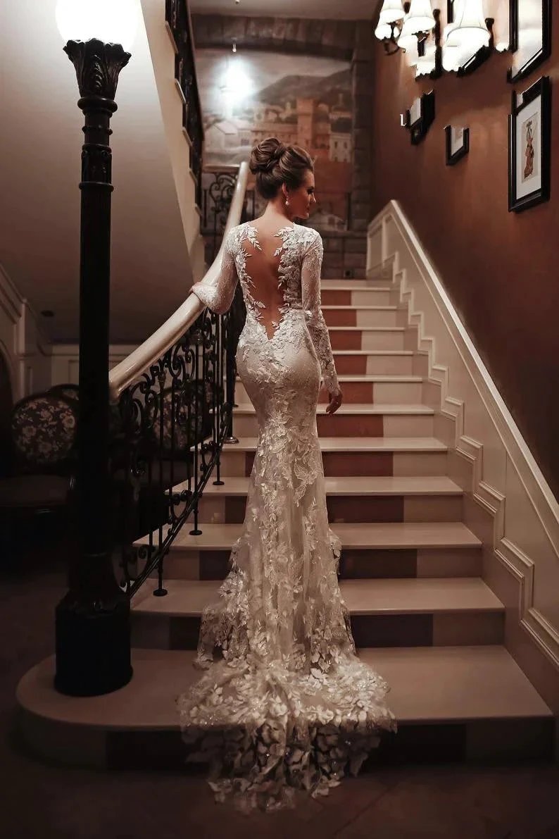 Long Mermaid High Neck Appliques Lace Backless Wedding Dress with Sleeves (ZD15063)